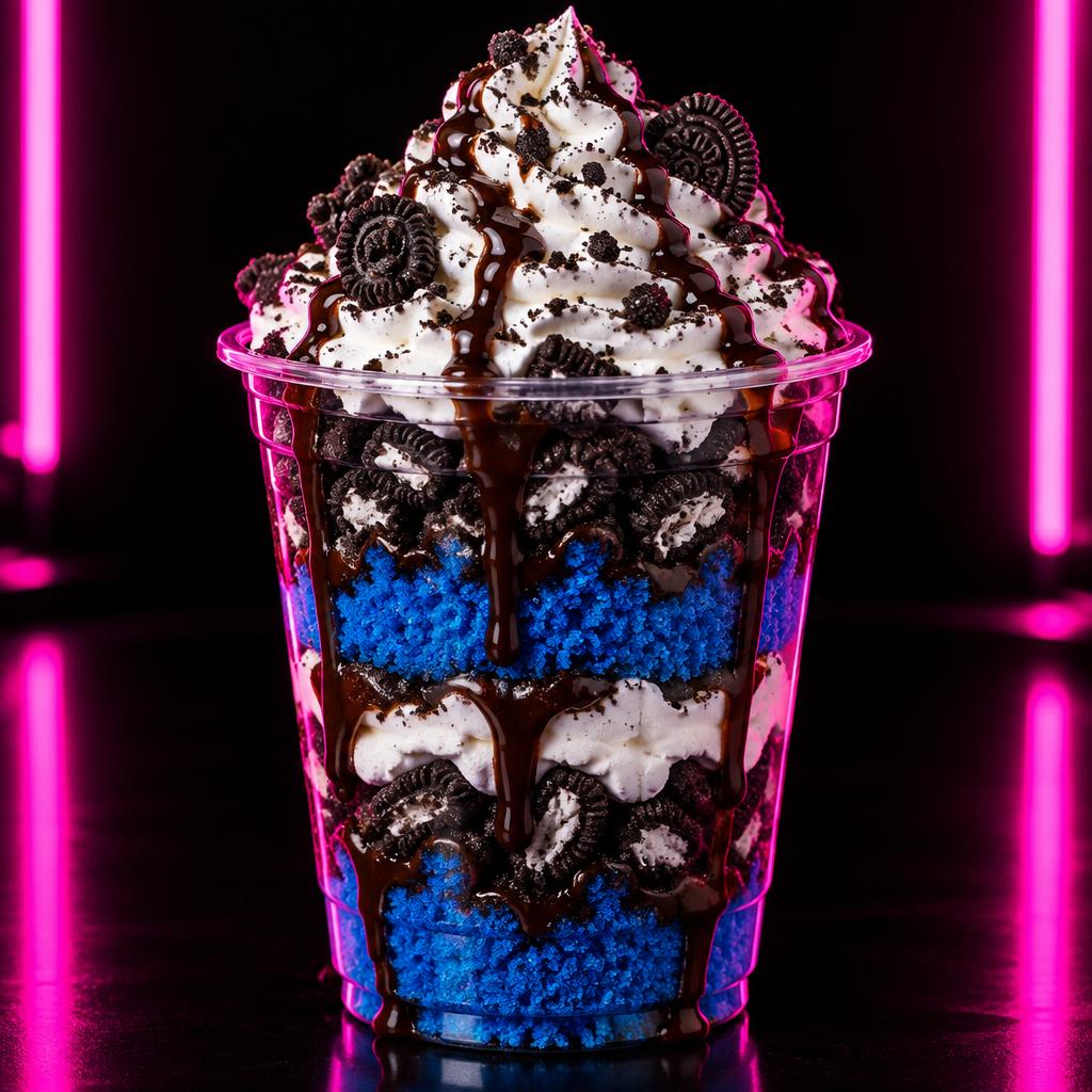Blue velvet cake cup with Oreos, chocolate drizzle and whipped cream